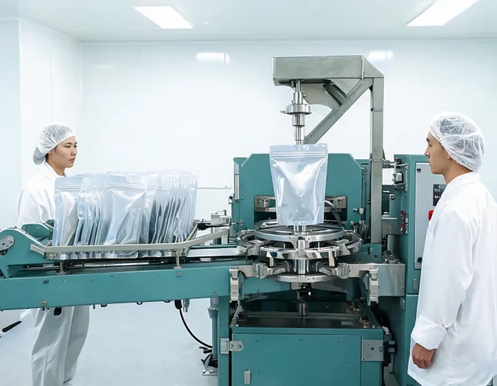 Premade pouch packing cell with grippers opening a stand-up pouch on a food packing line